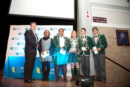 Victoria Park High School 1st team remain undefeated in the annual Varsity College Schools Quiz powered by Algoa FM. From left to right - Paul Mason (Principal of Varsity College Port Elizabeth), Miss paulet Meyer (Teacher at Victoria Park High School), Unathi Funde, Daniella Patsalos, Pierre Durandt and Dario Patsalos