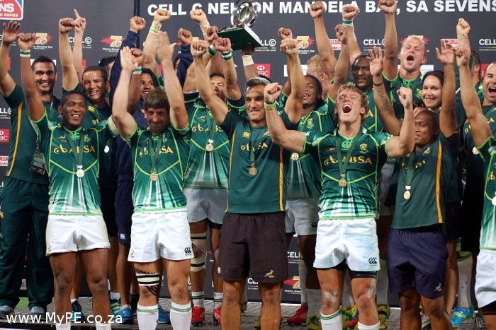 Port Elizabeth and South Africa will be rooting for another Blitzbokke win on home soil. Here Neil Powell and the team celebrate their historic 2013 'Win for Mandela".