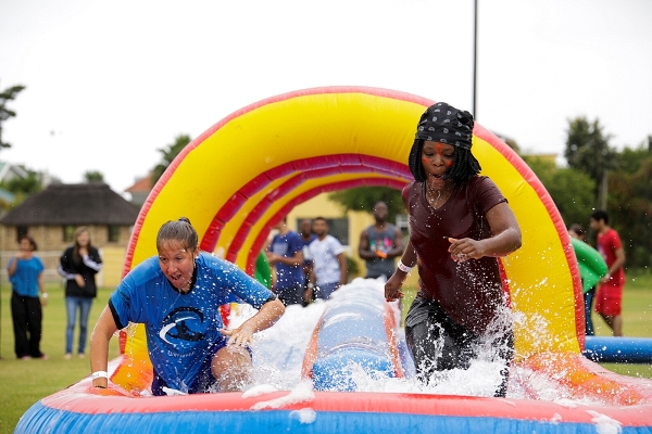 First year students enjoying Day 2 of O'week at O'games, from left, Dee Kotze and Mihlali Mtwa