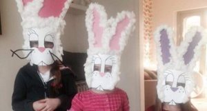 Grand-daughters Daisy, Heidi and Elsie in their Easter Bunny masks
