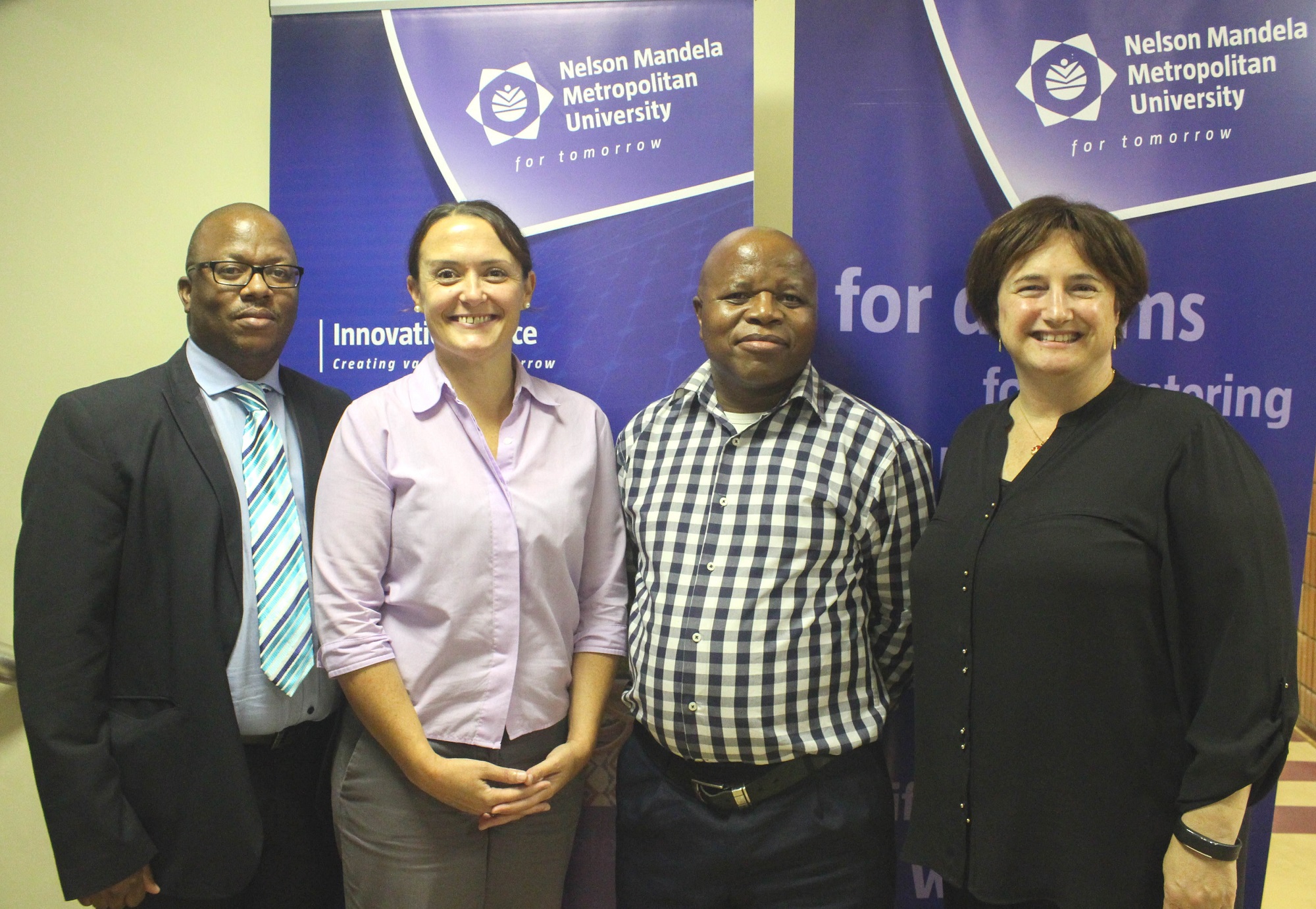 Photographed at the EU Horizon 2020 Information Session held at NMMU on Monday are: (from left to right) Toto Matshediso (Deputy Director of Strategic Partnerships, DST), Leoné Nowell (EU Frameworks Project Manager, NMMU Innovation Office), Bheki Hadebe (DST) and Jaci Barnett (Director, NMMU Innovation Office).