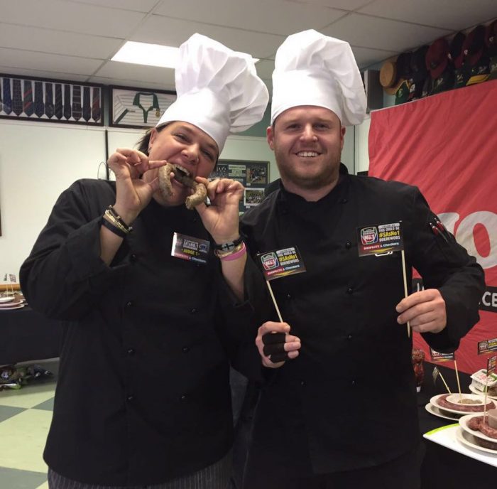 Something Good Head Chefs Kerry Andrew and JC Wagener fooling around back stage at the Eastern Cape Champion Rounds for the 2016 Shoprite Checkers Boerewors Challenge this weekend at Herbert Hurd School.