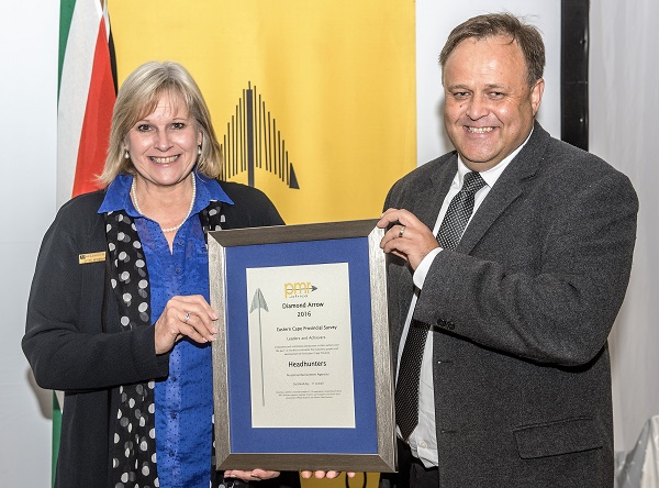 AHEAD OF THEIR GAME: Headhunters’ managing director Michael Tuohy, right, and senior recruitment consultant Gitte Wiseman were thrilled to once again receive the PMR.africa Diamond Arrow Award as leader in the Personnel Recruitment Agencies category.