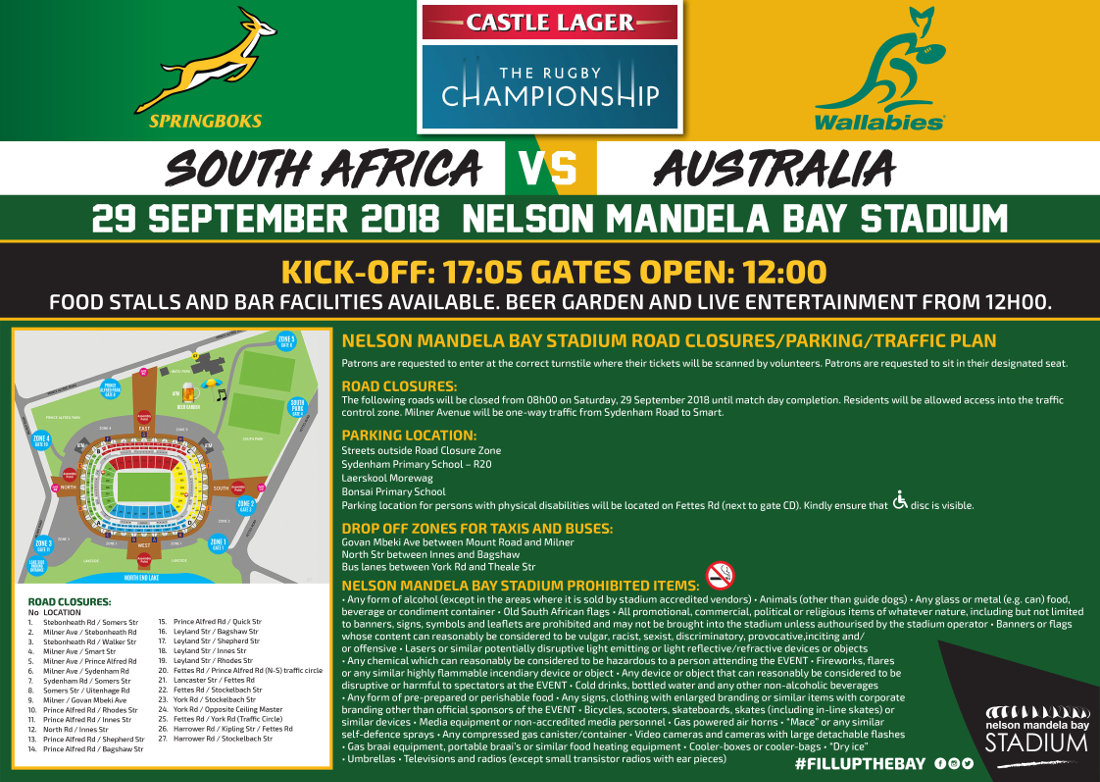 Springboks vs Australia NMB Stadium Road Closures