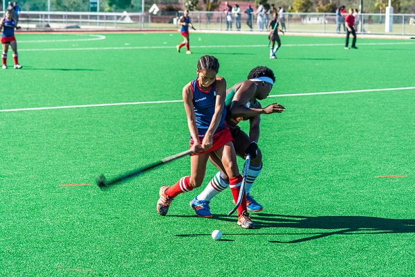Hudson Park's Jody Ann October (left) prepares to strike the ball during last year's provincial finals in the SPAR Eastern Cape Schoolgirls Hockey Challenge. Hudson Park will be defending their title in the East London Coastal leg of the challenge at Clarendon High in East London on Sunday. Photo: Full Stop Communications
