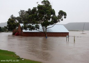 Zwartkops Rowing Club Shed surrounded by flood water